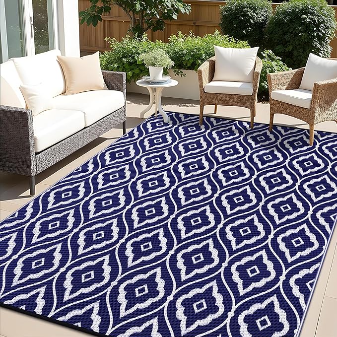 OLANLY Outdoor Rug 5x8 ft Waterproof, Outdoor Plastic Straw Rug with Geometric Pattern Clearance, Reversible RV Mat for Patio, Camping, Balcony, Deck, Backyard, Navy & White-Ruum Studio Home