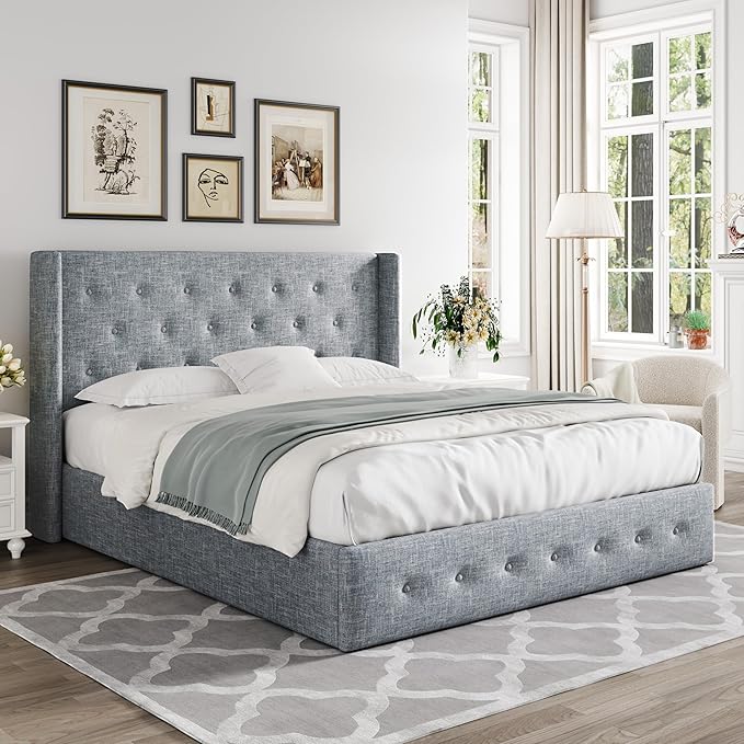 Allewie Full Size Lift Up Storage Bed, Button Tufted Headboard with Wingback, Hydraulic Support, No Box Spring Needed, Grey Blue-Ruum Studio Home