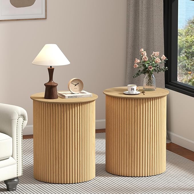 AVZEAR Small Round Side Table Fluted Night Stand Set of 2, Modern Boho End Table with Storage, 17.7" Circle Bedside Tables Wood Nightstands for Small Spaces, Living Room, Bedroom (Natural)-Ruum Studio Home