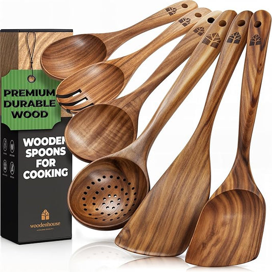Wooden Spoons for Cooking – Wooden Kitchen Utensils Set, 6 Pcs Teak Wood Utensil Set – Comfortable Grip Non–Stick Wooden Cooking Utensils-Ruum Studio Home