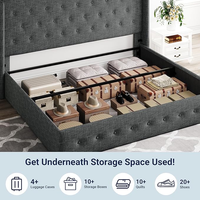 Allewie King Size Lift Up Storage Bed, Button Tufted Headboard with Wingback, Hydraulic Support, No Box Spring Needed, Dark Grey-Ruum Studio Home
