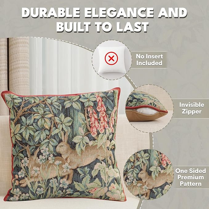 Charlotte Home Furnishings Decorative Tapestry Pillow Cover 14x14 in, Green Hares Couch Throw Pillow Cover, French Country Square Cushion Cases for Living Room Home Decor, Soft Cotton Jacquard Woven-Ruum Studio Home