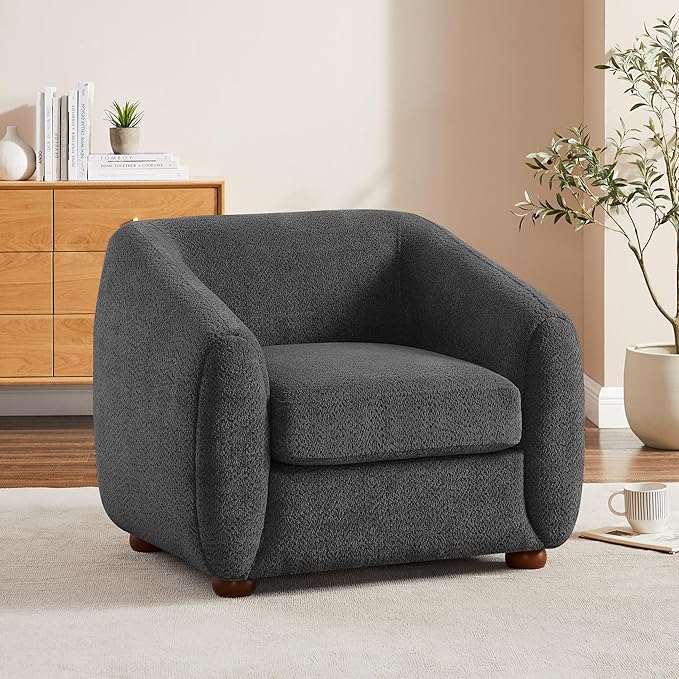 Modern Accent Chair for Living Room, Upholstered Armchair with Boucle Fabric, Single Sofa Chair with Solid Wood Legs, Boucle, Dark Grey-Ruum Studio Home