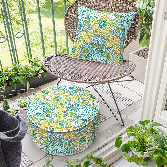 Inflatable Ottoman Stool D21 xH9 for Outdoor/Indoor Use, Water Repellent Patio Foot Rest Stool with Portable Handle,Round Pouf Ottoman Suitable for Garden,Deck and Camping - Damask Green-Ruum Studio Home