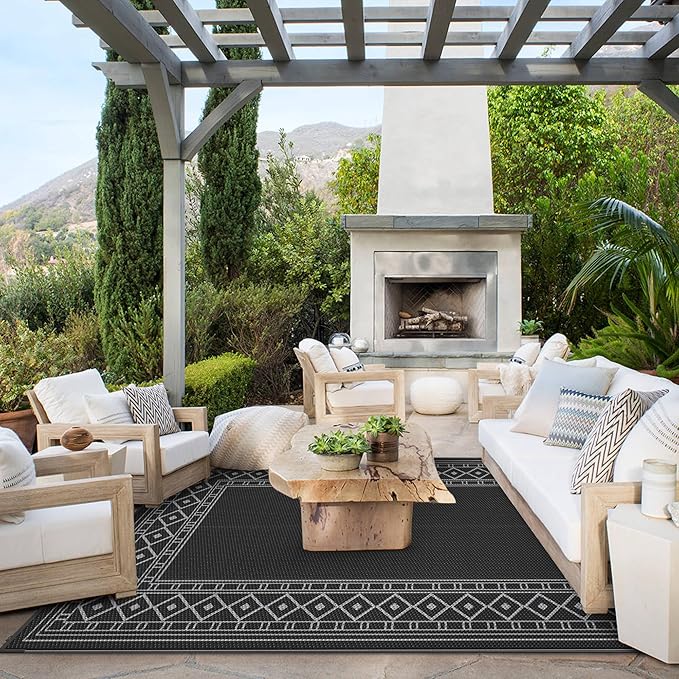 GENIMO Outdoor Rug Waterproof 6'x9' for Patio, Foldable Reversible Plastic Straw Carpet for Travel Trailers, Outside Area Mat for Rv, Deck, Picnic, Porch, Camper, Balcony, Beach, Black & Grey-Ruum Studio Home