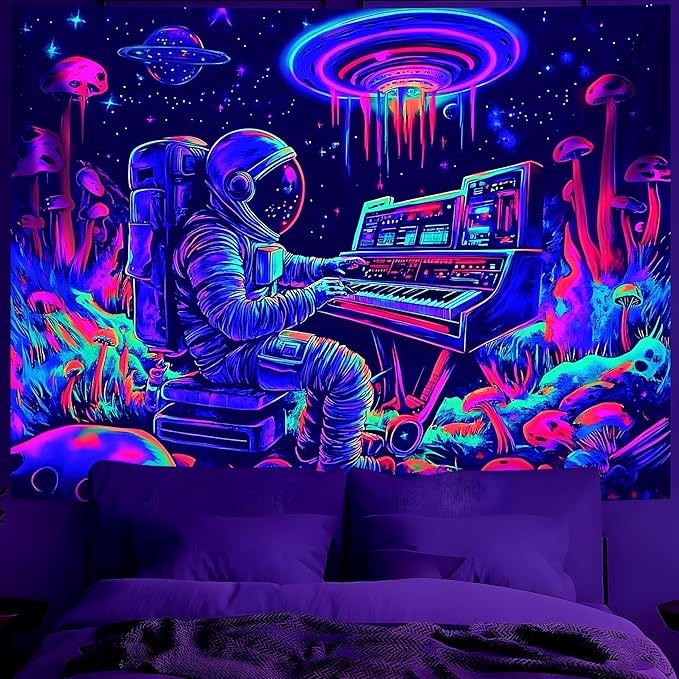 BVBOX Astronaut Space Blacklight Tapestry 79"x59", UV Reactive Astronaut Electronic Piano Universe Galaxy Planet Glow in Dark Music Tapestries, Black Light Neon Upright Poster Wall Hanging Backdrop Decor for Bedroom Living Room-Ruum Studio Home