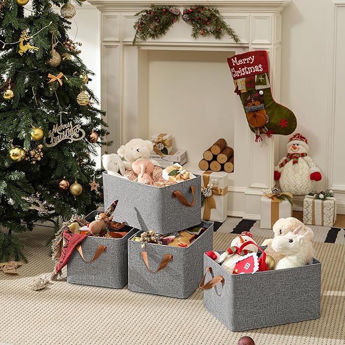 GRANNY SAYS Closet Storage Baskets, Collapsible Fabric Storage Bins with Metal Frame, Clothes Organizer Bins, Large Baskets for Shelves, Gray, 4-Pack-Ruum Studio Home