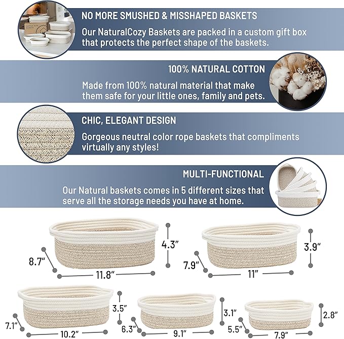 NaturalCozy 5-Piece Rectangle Storage Basket Set- Natural Cotton Rope Woven Baskets for Organizing! Small Basket for Montessori, Baby Nursery, Dog Toy Baskets, Cat Toy Box, Bathroom Organization Bin-Ruum Studio Home