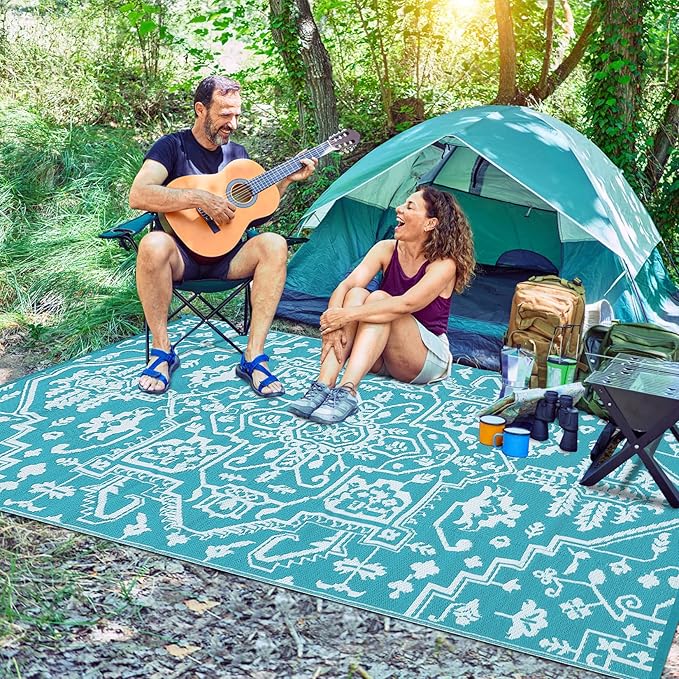 Waterproof Outdoor Rug 9x18 Reversible Plastic Straw Patio Rug, Stain-Resistant Vintage Medallion Carpet, Large Indoor Outdoor RV Mat for Deck, Camping, Balcony, Light Blue/White-Ruum Studio Home