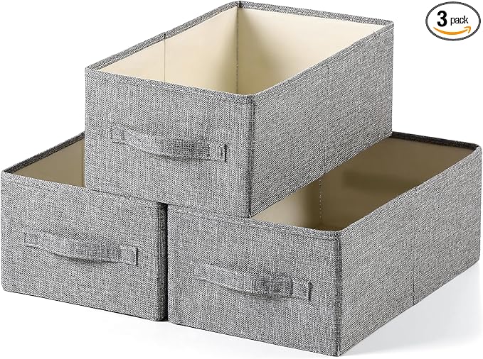 Linen Folding Storage Bins, 3 Pack Large Storage Baskets, Washable, Clothing Storage Bins with Handle, Closet Organizer for Storage Sweater,Sheets(dark grey, 16"x9½"x6¾")-Ruum Studio Home