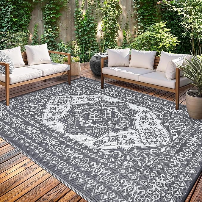 GAOMON Outdoor Patio Rug 9x12 Waterproof Reversible Plastic Straw Rug, Large UV-Resistant Portable RV Camping Mats, Indoor Outdoor Rugs for Outside Deck Porch Garden RV, Gray & White-Ruum Studio Home