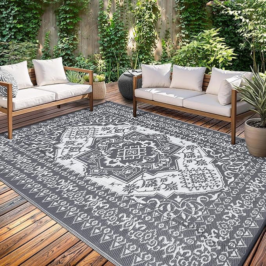 GAOMON Outdoor Patio Rug 9x12 Waterproof Reversible Plastic Straw Rug, Large UV-Resistant Portable RV Camping Mats, Indoor Outdoor Rugs for Outside Deck Porch Garden RV, Gray & White-Ruum Studio Home