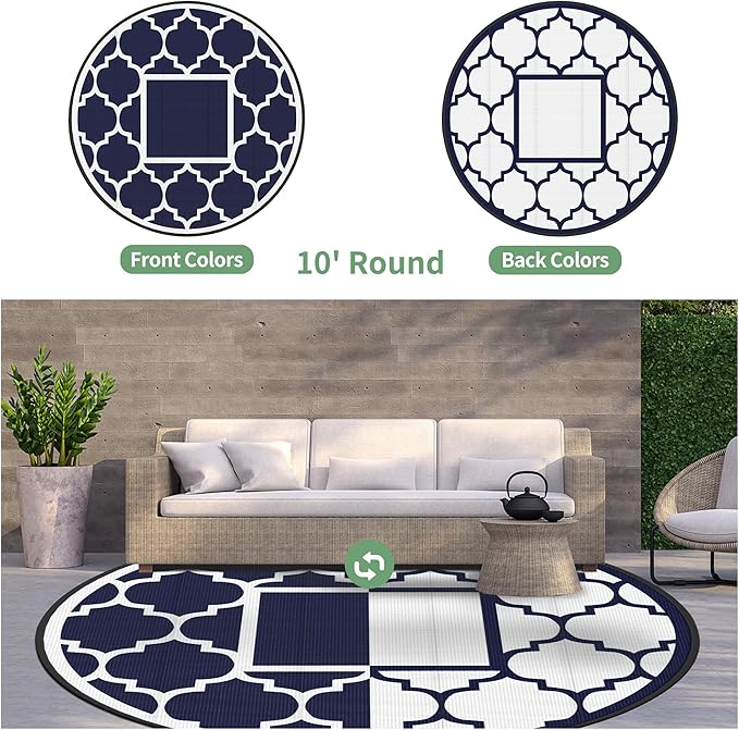 GENIMO 10 ' Round Outdoor Rug for Patio, Waterproof Indoor Outdoor Plastic Straw Rugs Carpet, Reversible Outside Area Mat for Camping, Balcony Porch, Deck, Picnic, Blue White-Ruum Studio Home