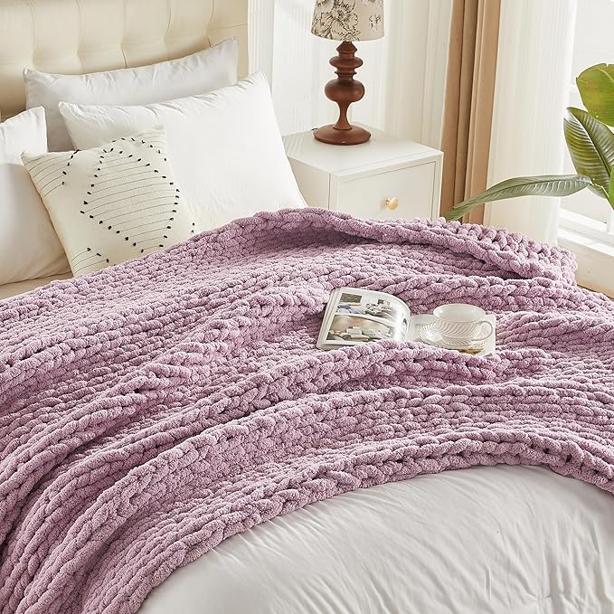Carriediosa Chunky Knit Throw Blanket 60" X 80" Twin, 100% Hand Made Large Chenille Loop Yarn Soft Fluffy Throws for Couch Sofa Bed, Big Crochet Cozy Heavy Thick Cable Woven Blankets, Purple-Ruum Studio Home