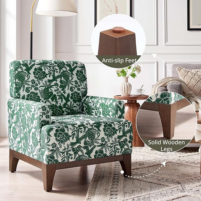 Floral Accent Armchair, Retro Wingback Upholstered Armchair with Wide Dipped Back Design and Wooden Legs, High Back Armchair, Leisure Single Sofa Chair for Living Room, Bedroom, Balcony, Green-Ruum Studio Home