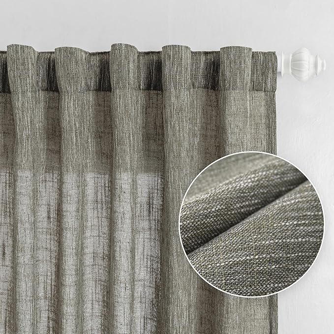 MYSKY HOME 90 Inches Long Living Room Curtains Farmhouse Light Filtering Privacy Curtain Drapes for Patio Door, Linen Look Texture Fabric Bohemian Draperies Soft Touch, 50x90, Olive Green, 2 Panels-Ruum Studio Home