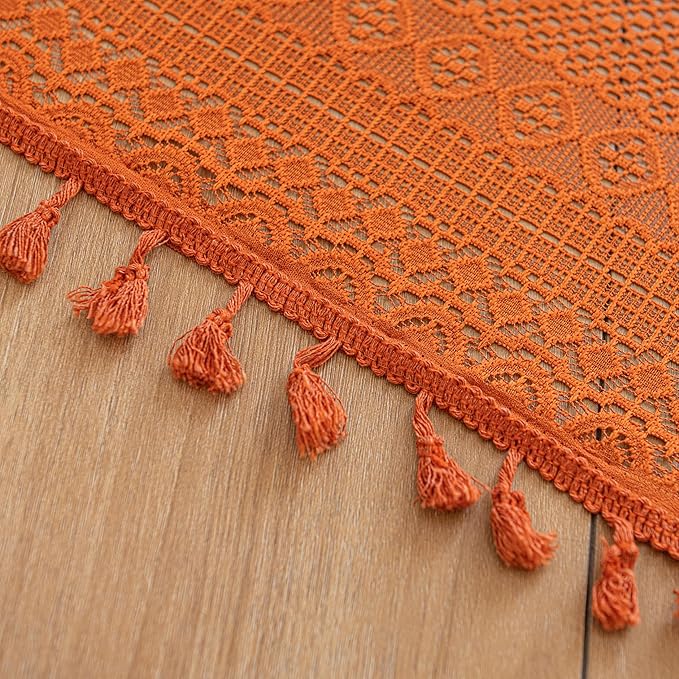 Sutuo Home Burnt Orange Boho Curtains 90 inches Long for Bedroom Living Room, Terracotta Crochet Lace Sheer Bohemian Knitted with Fringes,Window Treatment Drapes, Rod Pocket 1 Panel 59" W x 90" L-Ruum Studio Home