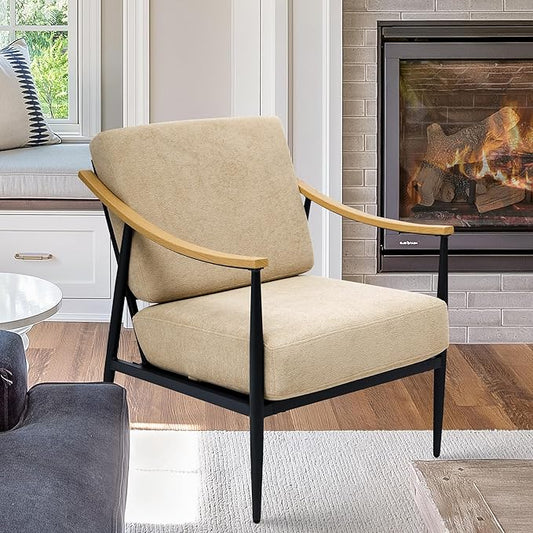 Modern Accent Chair for Living Room Bedroom Mid Century Arm Chair Upholstered Office Accent Chair Comfy Waiting Room Chair with Metal Frame, Khaki-Ruum Studio Home