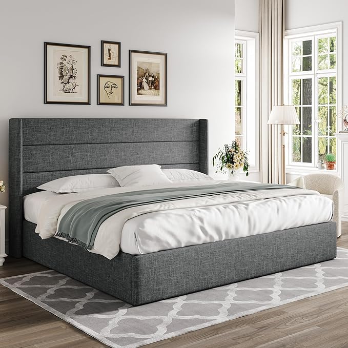 Allewie King Size Lift Up Storage Bed, Modern Wingback Headboard, Hydraulic Support, No Box Spring Needed, Dark Grey-Ruum Studio Home