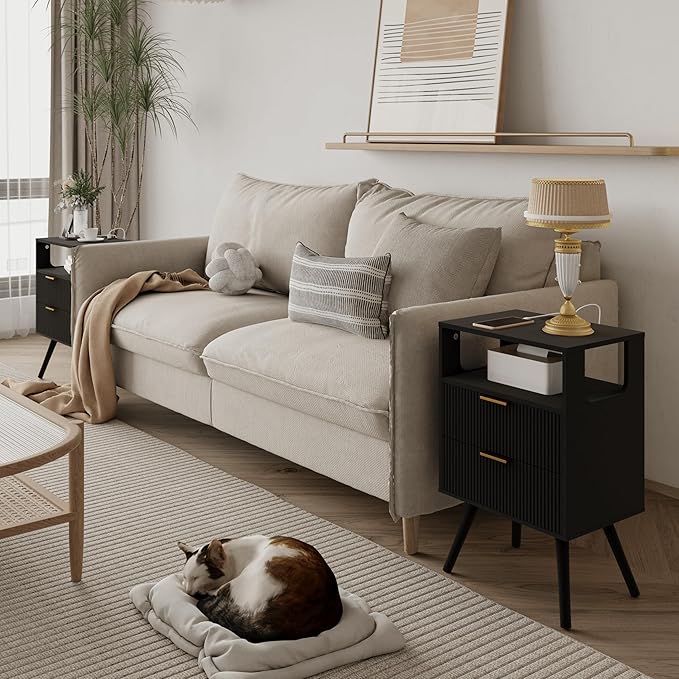Black Nightstand with Charging Station and LED Lights,Modern Bedside Table with 2 Storage Drawer and Open Wood Shelf, for Bedroom and Small Spaces,Night Stand with Solid Wood Legs,Black-Ruum Studio Home