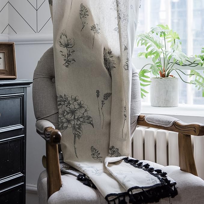 Sutuo Home Boho Curtain with Handmade Tassels, Rod Pocket Window Treatment Vintage Rustic Bohemian French Farmhouse Semi-Blackout Print Drape for Bedroom, 1 Panel 59" W x 84" L,Grey Floral-Ruum Studio Home