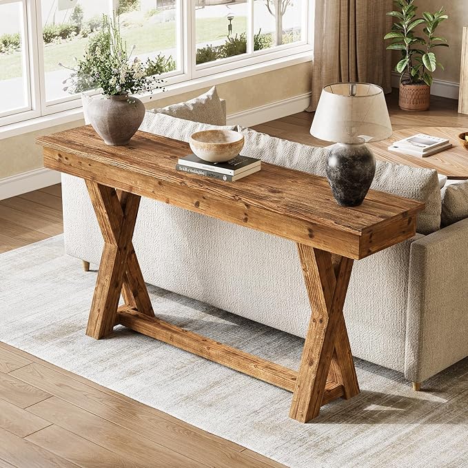 Solid Wood Console Table, 63-Inch Farmhouse Entryway Table with X-Shaped Legs, Real Wood Behind The Couch Table for Living Room, Entrance, Hallway, Easy Assembly-Ruum Studio Home