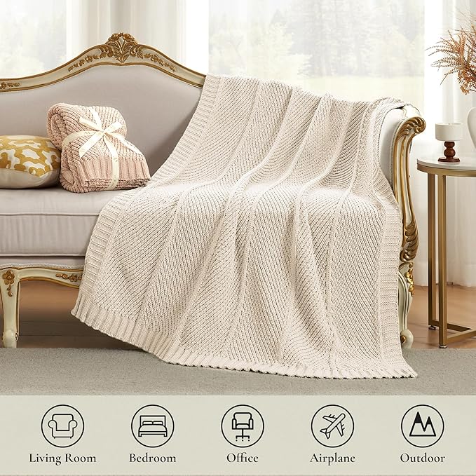 Amélie Home Chenille Knit Throw Blanket for Couch, Chevron Texture Decorative Soft Blanket for Sofa, Bed & Chair, 50"x60", Ivory-Ruum Studio Home
