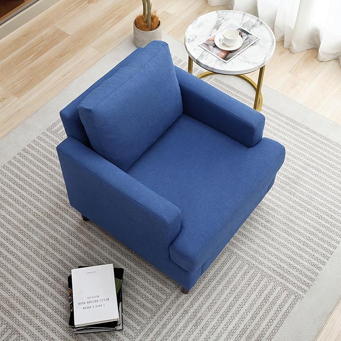 Mid-Century Accent Chair,Modern Linen Fabric Armchair for Living Room,Comfy Upholstered Reading Accent Chairs for Bedroom,Single Sofa Chair with Wood Legs (Blue, 1 Pack)-Ruum Studio Home