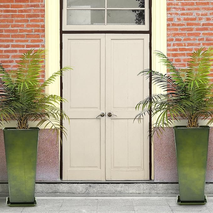 KOL Galvanized Steel Planter 25''H. with Saucer, Bright Glazed Planter with Drainage Hole, Set of 2, Tall Pots for Indoor & Outdoor Use, Decorative Flower Plant Pots for Porch, Patio, Deck - Green-Ruum Studio Home