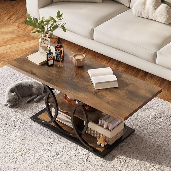 GiftGo Rustic Coffee Table with Storage Industrial 3 Tier Center Living Room Table Farmhouse Wooden Rectangle Cocktail Tea Table for Office Bedroom Elegant Full Moon Round Metal Frame (Brown, L-47)-Ruum Studio Home