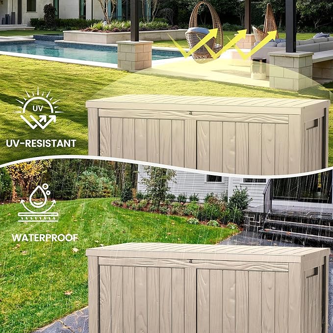 120 Outdoor Storage Box, Waterproof Resin Deck Box for Indoor & Outdoor Use, Lockable Storage Bench with Piston Hinge, Storage Bin for Patio Cushions, Garden Tools, Package Delivery, Grey-Ruum Studio Home