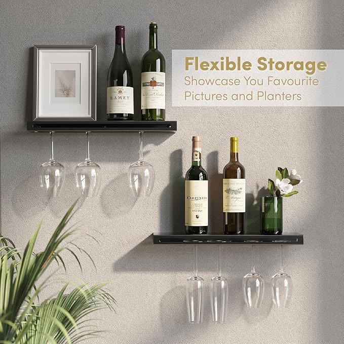Wall Mounted Wine Rack – Metal Floating Bar Shelf with Bottle and Glass Holder, Holds 5 Bottles and 4-6 Glasses-Ruum Studio Home