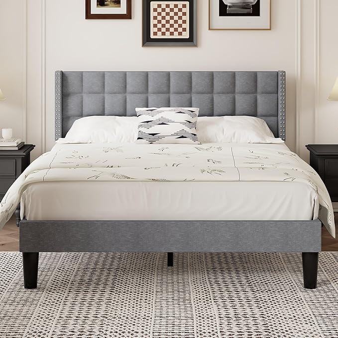 VECELO Headboard Queen Size, Linen Upholstered Headboards Only with Nailhead Trim Wingback, Square Stitched Design, Adjustable Height from 40" to 49.8", Light Grey-Ruum Studio Home