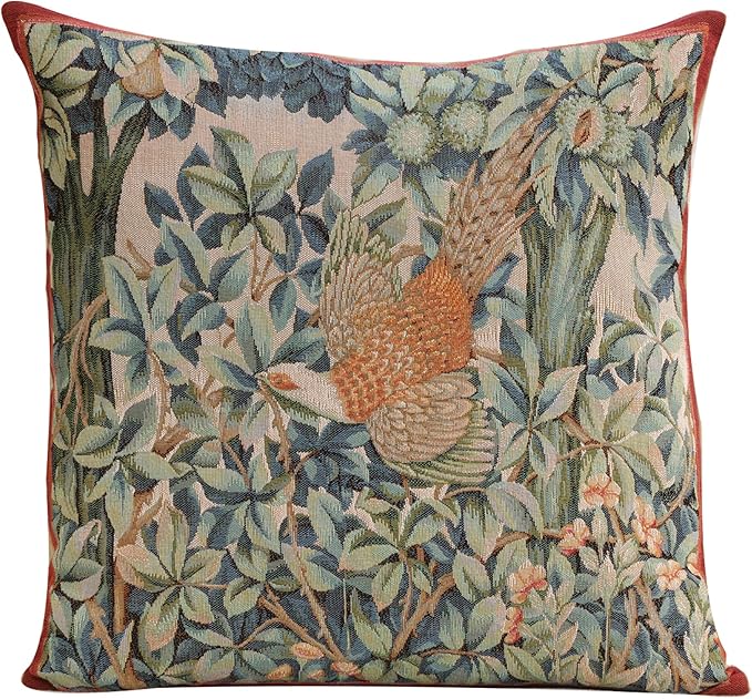 Charlotte Home Furnishings Decorative Tapestry Pillow Cover 19x19 in, Green Pheasant Couch Throw Pillow Cover, French Country Square Cushion Cases for Bed Room Home Decor, Soft Cotton Jacquard Woven-Ruum Studio Home