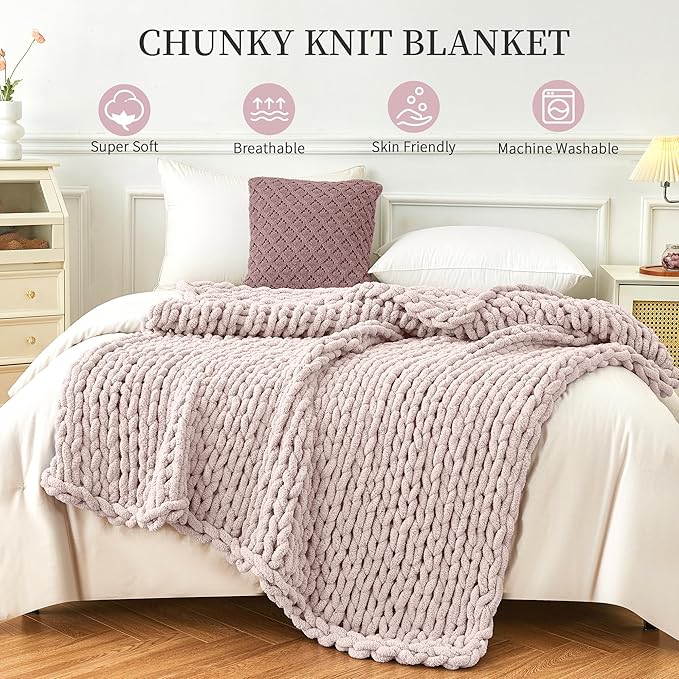 Admitrack Chunky Knit Blanket Throw, 100% Hand Knit Chenille Throw Blanket for Sofa & Home Decor, Soft and Cozy Knitted Throw Blankets (Pink，51"x63")-Ruum Studio Home