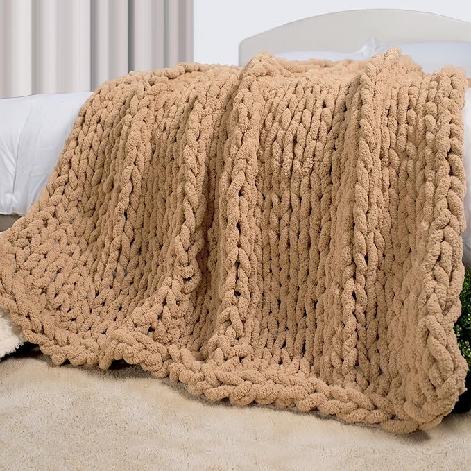 Carriediosa Chunky Knit Throw Blanket 60" X 80" Twin, 100% Hand Made Large Chenille Loop Yarn Soft Fluffy Throws for Couch Sofa Bed, Big Crochet Cozy Heavy Thick Cable Woven Blankets, Tan Brown-Ruum Studio Home