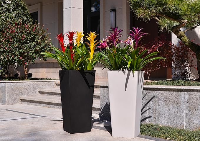 GreenShip 27" Tall Planters, Set of 2 – Black Outdoor Planter for Front Porch & Tall Plants, Weather-Resistant, with Drainage Hole & Rubber Plug (No Plants Included) (White-2pcs)-Ruum Studio Home
