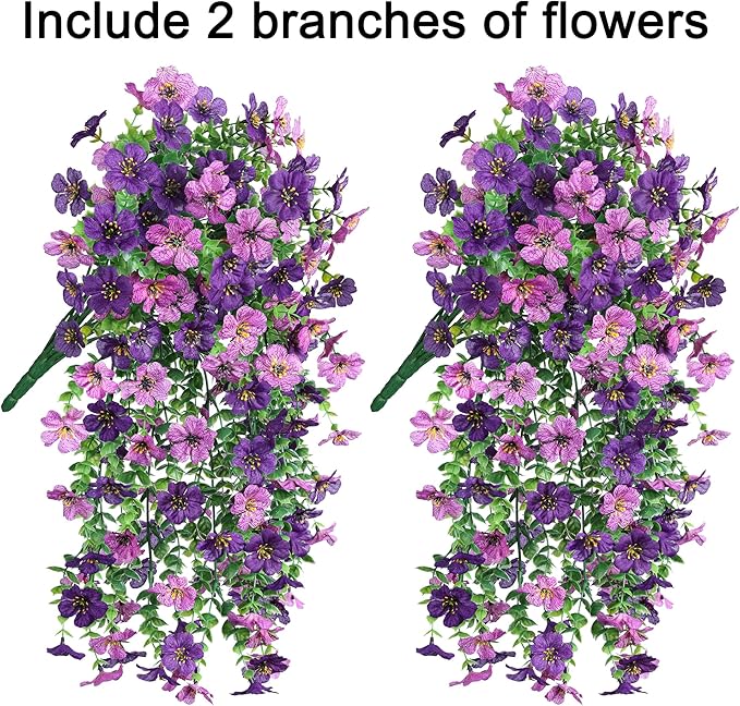 Artificial Faux Hanging Flowers Plants for Spring Outdoor Outside Decoration, 2 PCS Fake Silk Daisy with Eucalyptus UV Resistant Realistic Trailing Vines for Balcony Patio Porch (Darkpurple+Purple)-Ruum Studio Home