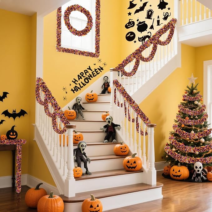 50FT Halloween Decorations Tinsel Garland, Orange Purple Black Shiny Metallic Tinsel Twist Hanging Streamers Garland for Halloween Birthday Home Tree Banister Indoor Outdoor Party Decor Supplies-Ruum Studio Home