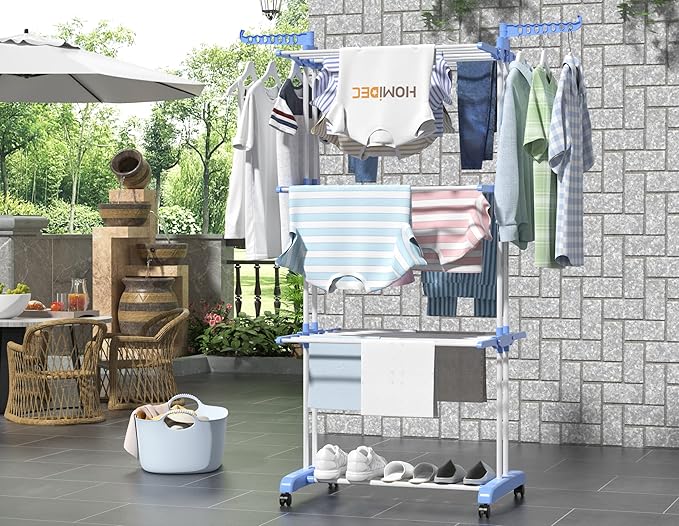 HOMIDEC Clothes Drying Rack, Large 4-Tier Foldable Drying Rack Clothing(67.7H x 19.7W x 30L Inches), Movable Drying Rack with 4 castors. Multifunctional Stainless Steel Laundry Drying Rack, Blue-Ruum Studio Home