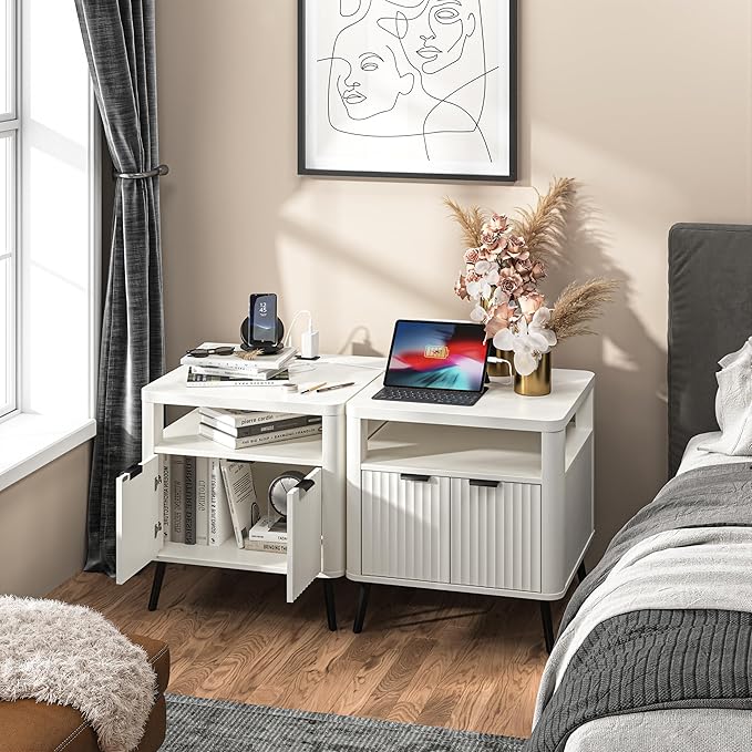 Nightstand Set of 2 with Charging Station, 24" End Table Side Table with Open Shelf, Modern Large Wood Fluted Bedside Cabinet for Bedroom, Living Room, White-Ruum Studio Home