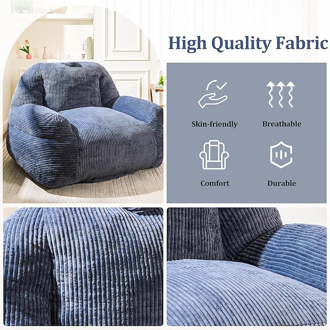 Giant Bean Bag Chair, Faux Fur Bean Bag Chair for Adults, Fluffy and Comfy Bean Bags with Filler, Big Bean Bag Sofa Chair for Reading, Gaming, Stuffed High-Density Foam, Grey-Ruum Studio Home