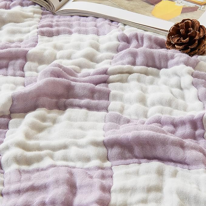 EMME Checkered Throw Blanket Cotton for Couch Soft Muslin Blankets 50"x60" Lightweight Breathable Cooling Soft All Season Gauze, Lavender-Ruum Studio Home