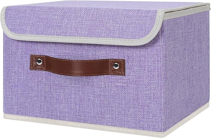 ANMINY 4PCS Storage Bins with Lid PU Leather Handles Storage Boxes PP Plastic Board Decorative Foldable Lidded Cotton Linen Fabric Home Cubes Baskets Closet Organizer Containers - Purple, Small Size-Ruum Studio Home
