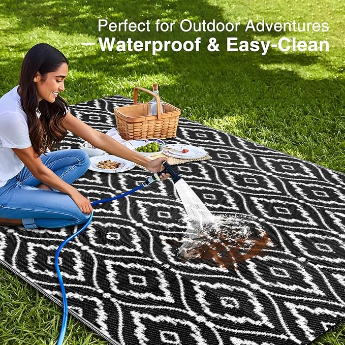 OLANLY Outdoor Rug 5x8 ft Waterproof, Outdoor Plastic Straw Rug with Geometric Pattern Clearance, Reversible RV Mat for Patio, Camping, Balcony, Deck, Backyard, Black & White-Ruum Studio Home