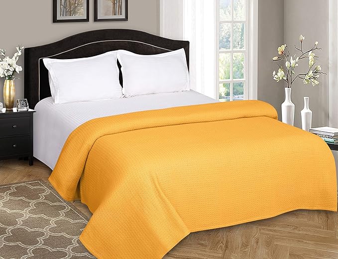 BELIZZI HOME 100% Cotton Bed Blanket, Breathable Bed Blanket Full Queen Size, Cotton Thermal Blankets Full Queen, Perfect for Layering Any Bed for All Season, Mustard Yellow-Ruum Studio Home