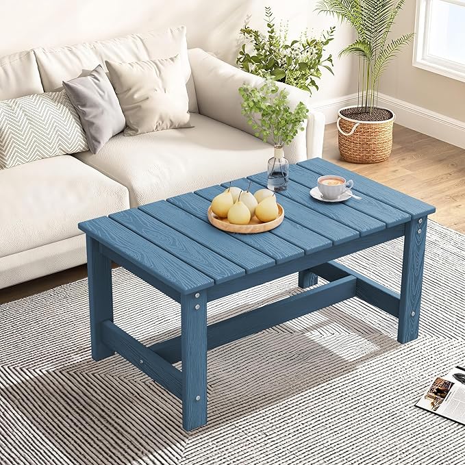 SERWALL Rectangle Outdoor Coffee Table, HDPE Patio Coffee Table, Navy-Ruum Studio Home