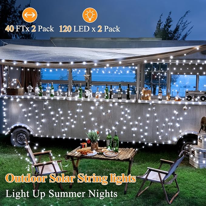2 Pack Solar String Lights Total 240LED 80FT, IP67 Waterproof Solar Lights for Outside with 8 Modes, Upgraded Solar Panel Fairy Lights for Garden Party Wedding Decorations (Cool White) …-Ruum Studio Home