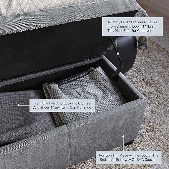 BELLEZE Storage Ottoman, 47 Inch Bench Bedroom Bench with Safety Close Hinge, Extra Long Ottoman with Storage for Living Room, Entryway, Hallway, Foot Rest, Support 300lbs - Gray-Ruum Studio Home