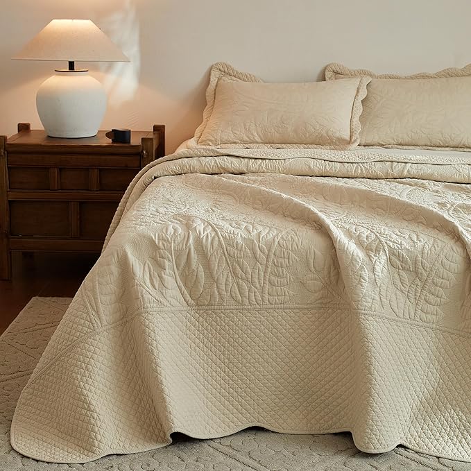 MarCielo 3-Piece 100% Cotton Oversized Bedspread Lightweight Quilt Coverlet Embroidery Farmhouse Bedding Set T0 (Yellowish Beige, Oversized Queen (100"x106"))-Ruum Studio Home